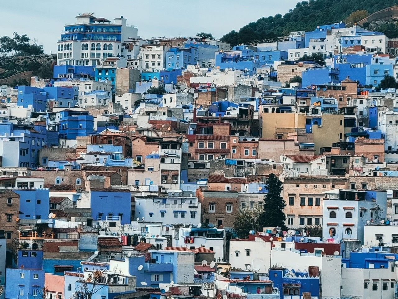A city with lots of blue buildings on a hillside