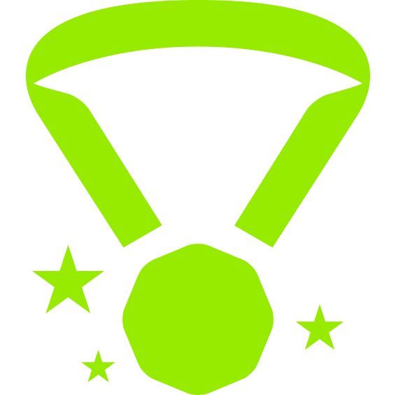 A green medal with stars around it on a white background.