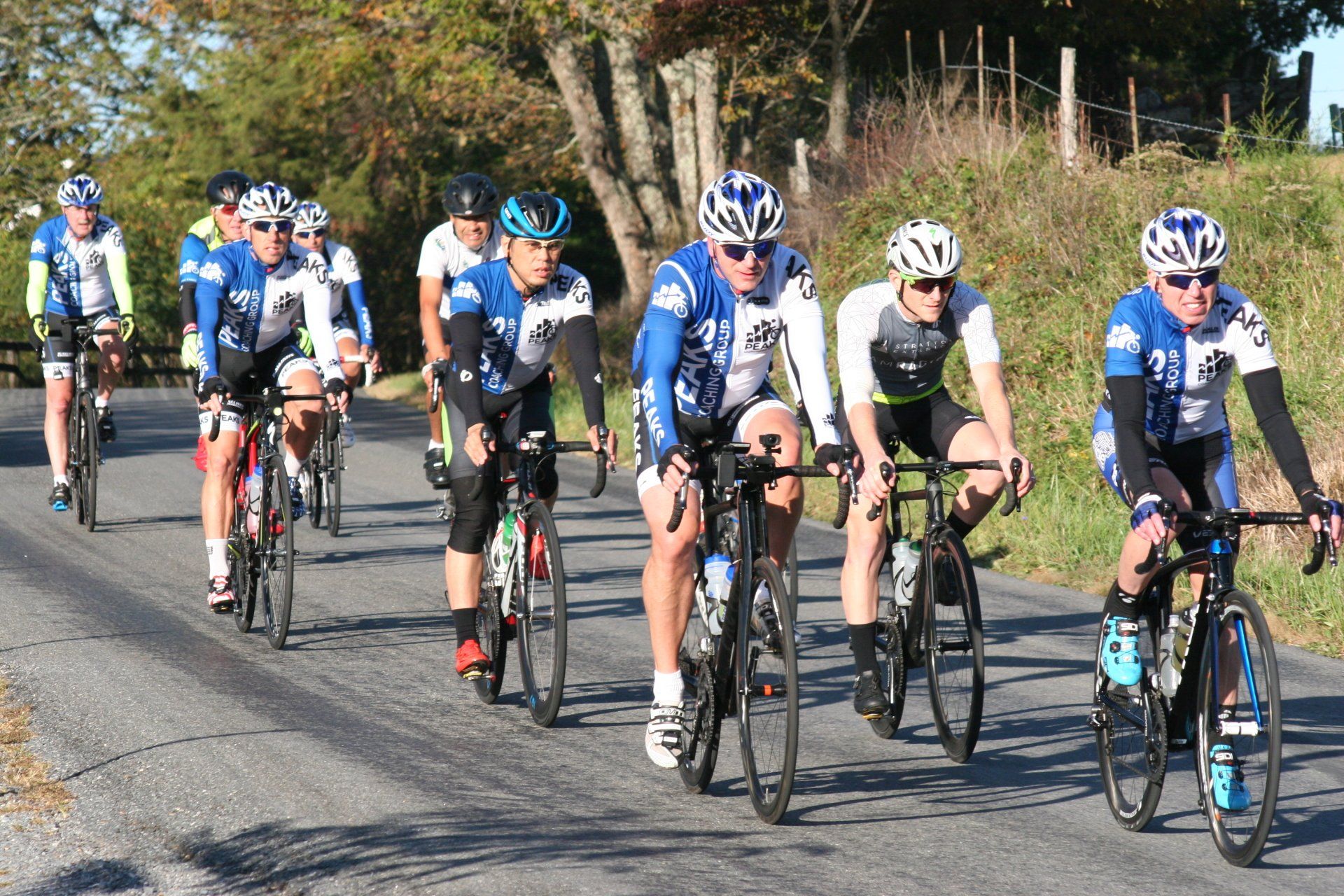 A group of men are riding bicycles down a road.
