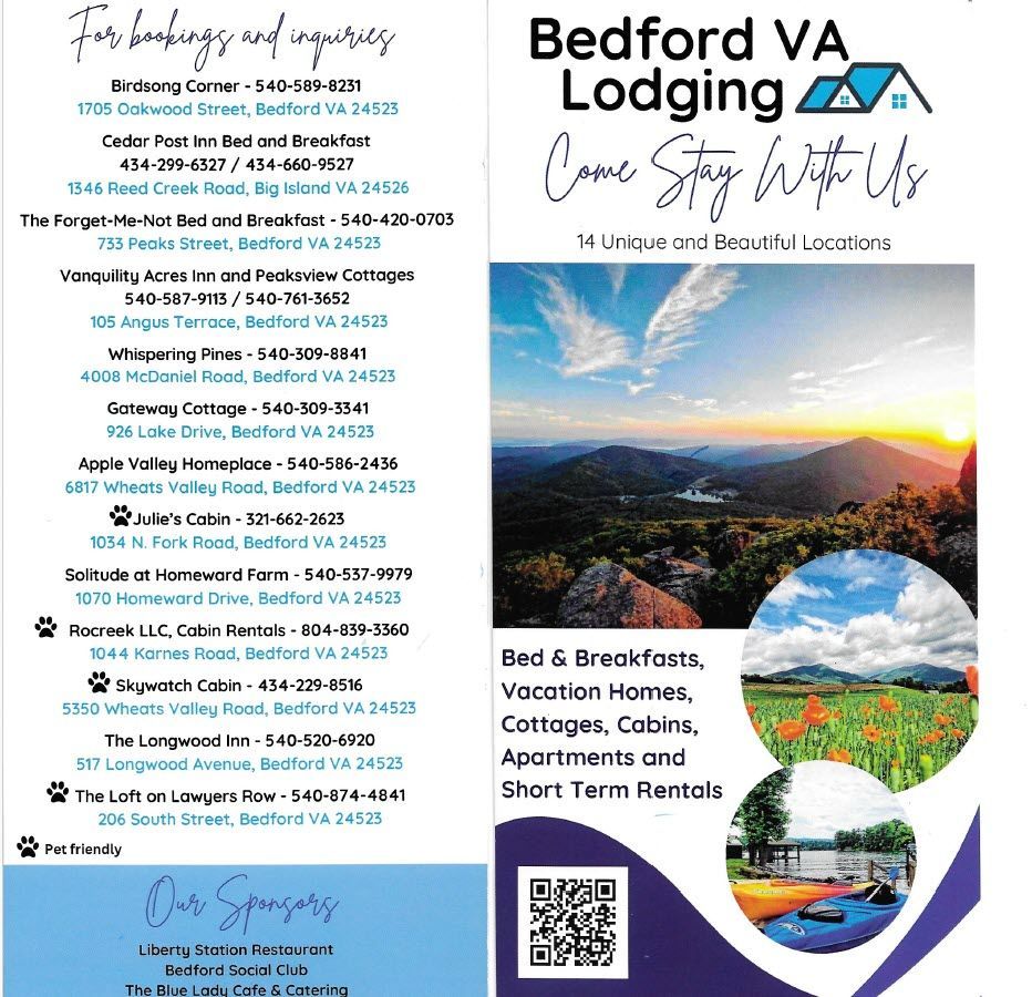 A brochure for bedford va lodging with a picture of a mountain.