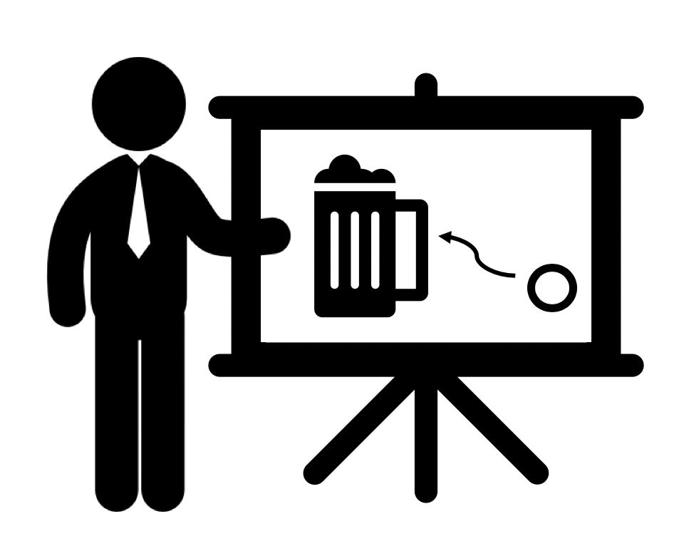 A man is giving a presentation in front of a projection screen with a beer mug on it.