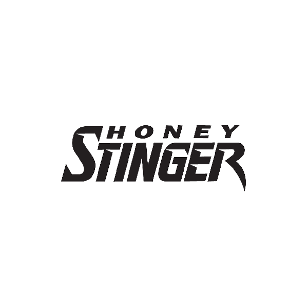 The honey stinger logo is black and white on a white background.