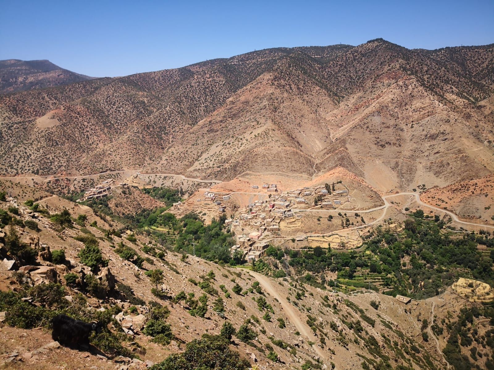 A view of a valley with mountains in the background