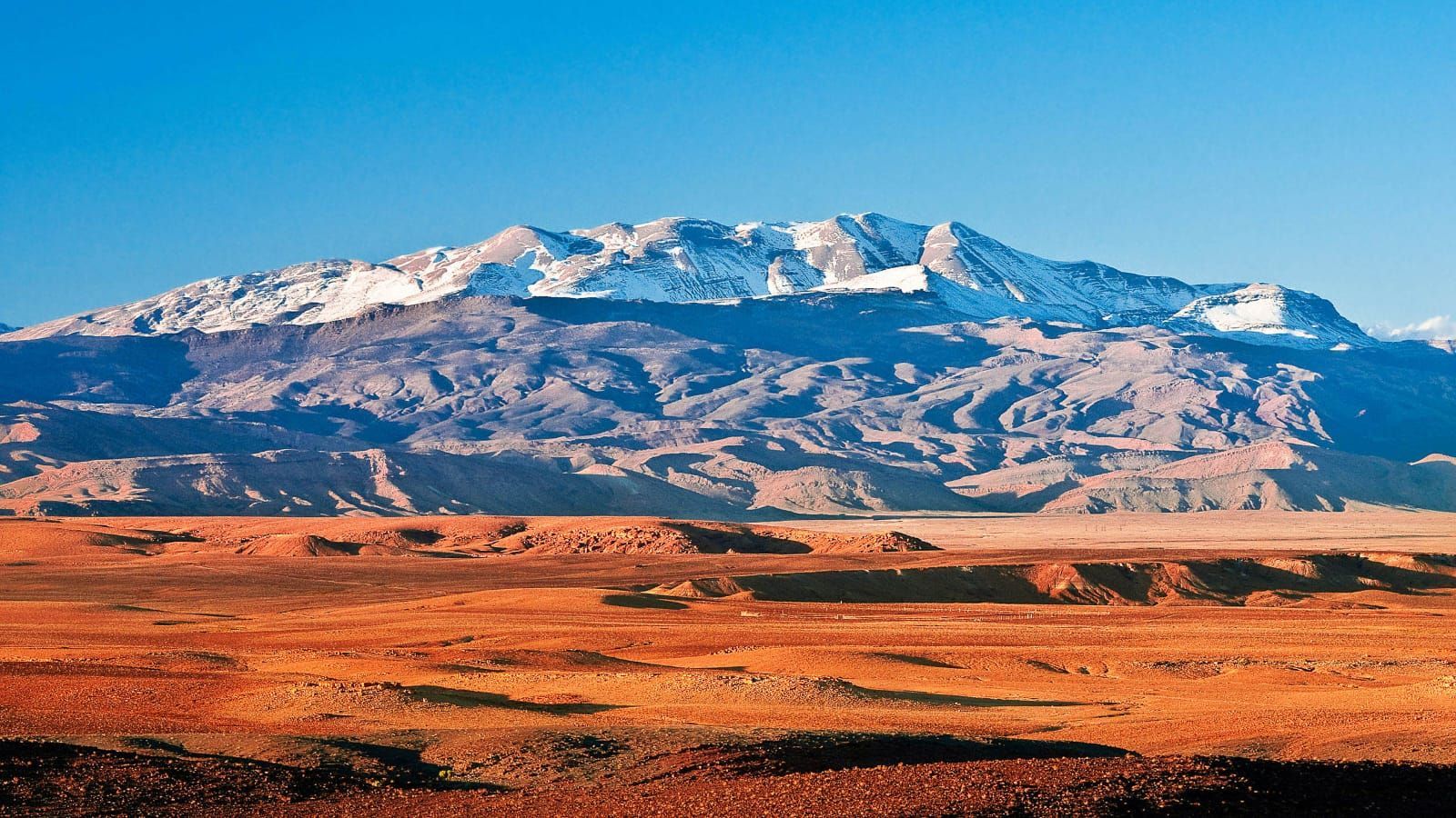A desert landscape with mountains in the background and a blue sky