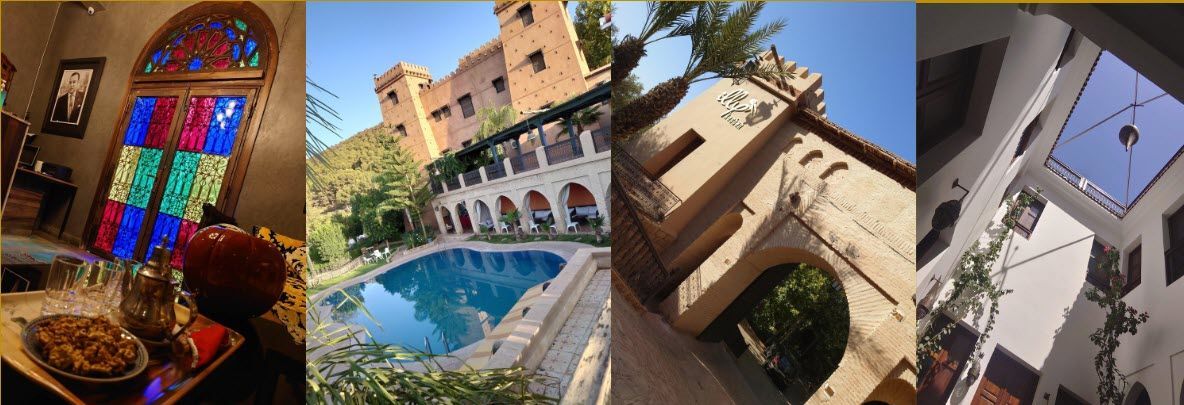 A collage of three pictures of a building with a pool