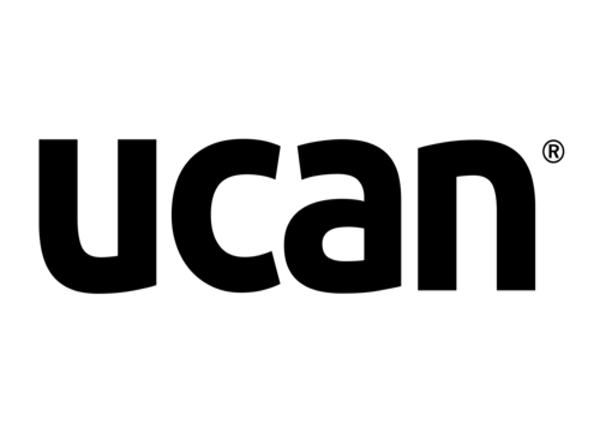 A black and white logo for ucan on a white background
