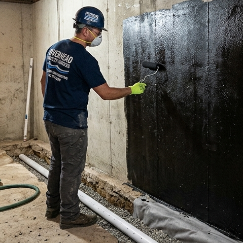 Wet basement restoration project with interior waterproofing system installed