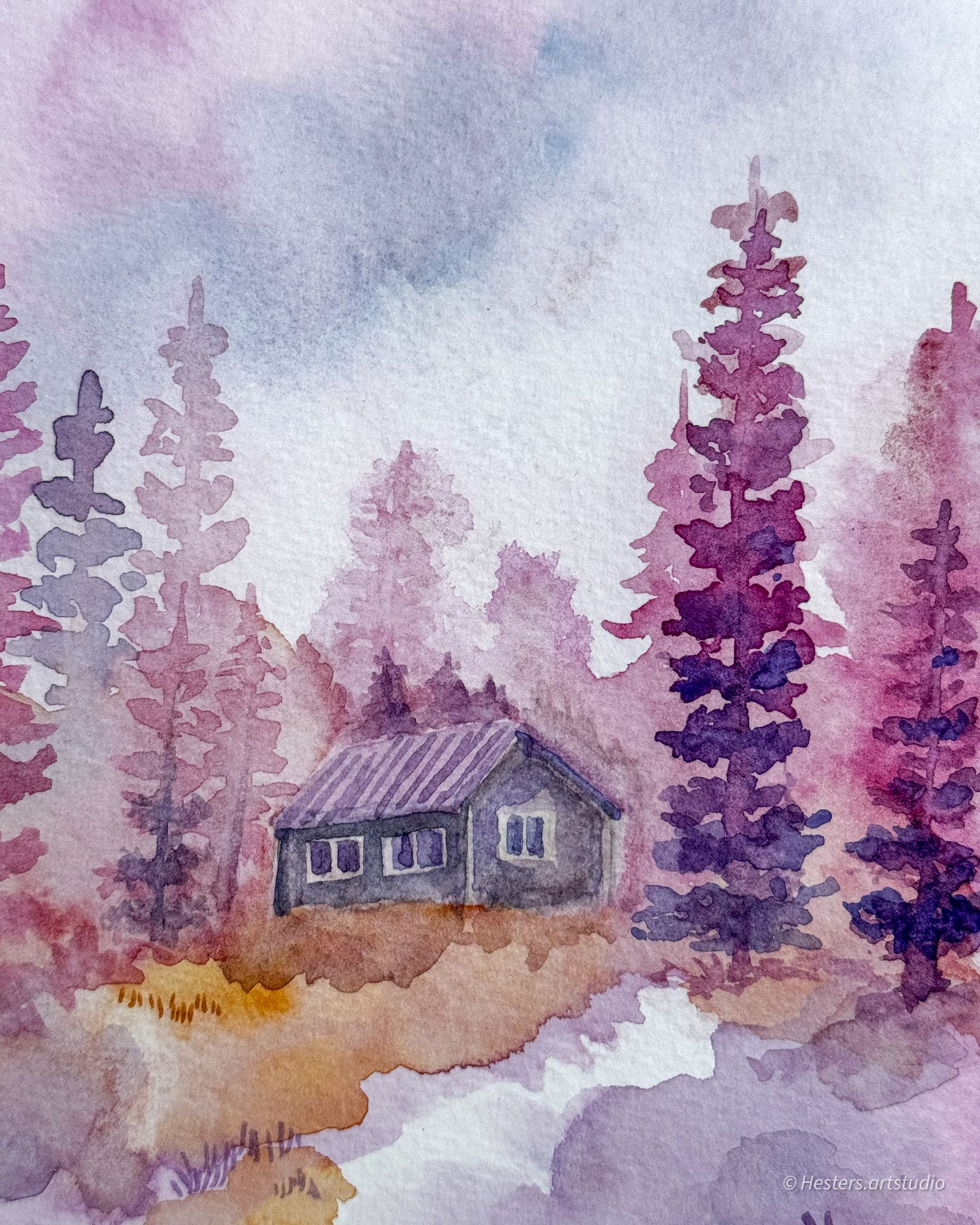 Aquarel van een hut in een bos, uitgevoerd in paars- en grijstinten. HK living stijl.
