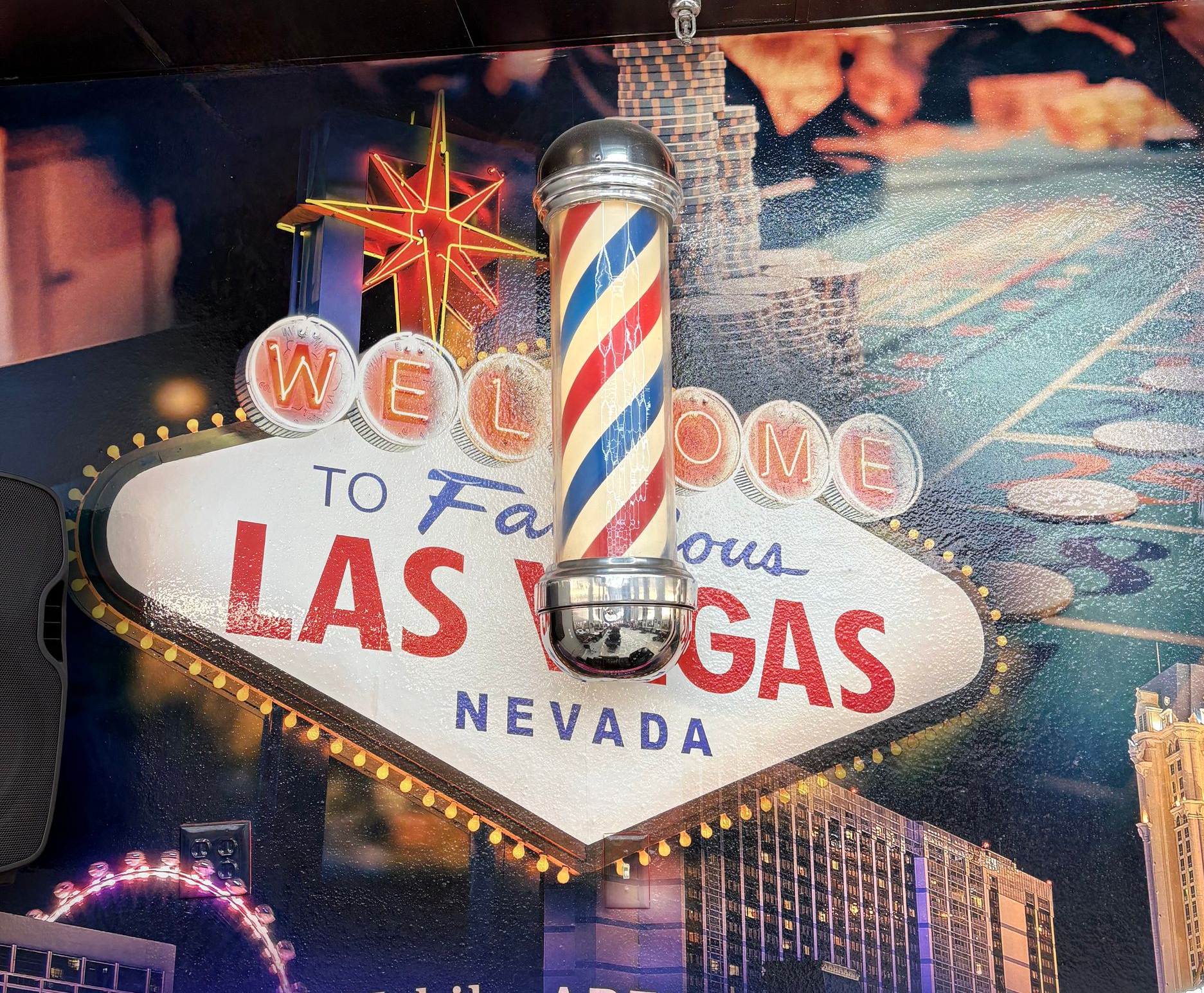 Barber pole in front of a 