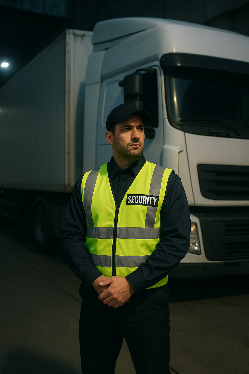 Beveiliger met vrachtwagen, ter bevordering van transportbeveiliging. Tekst: