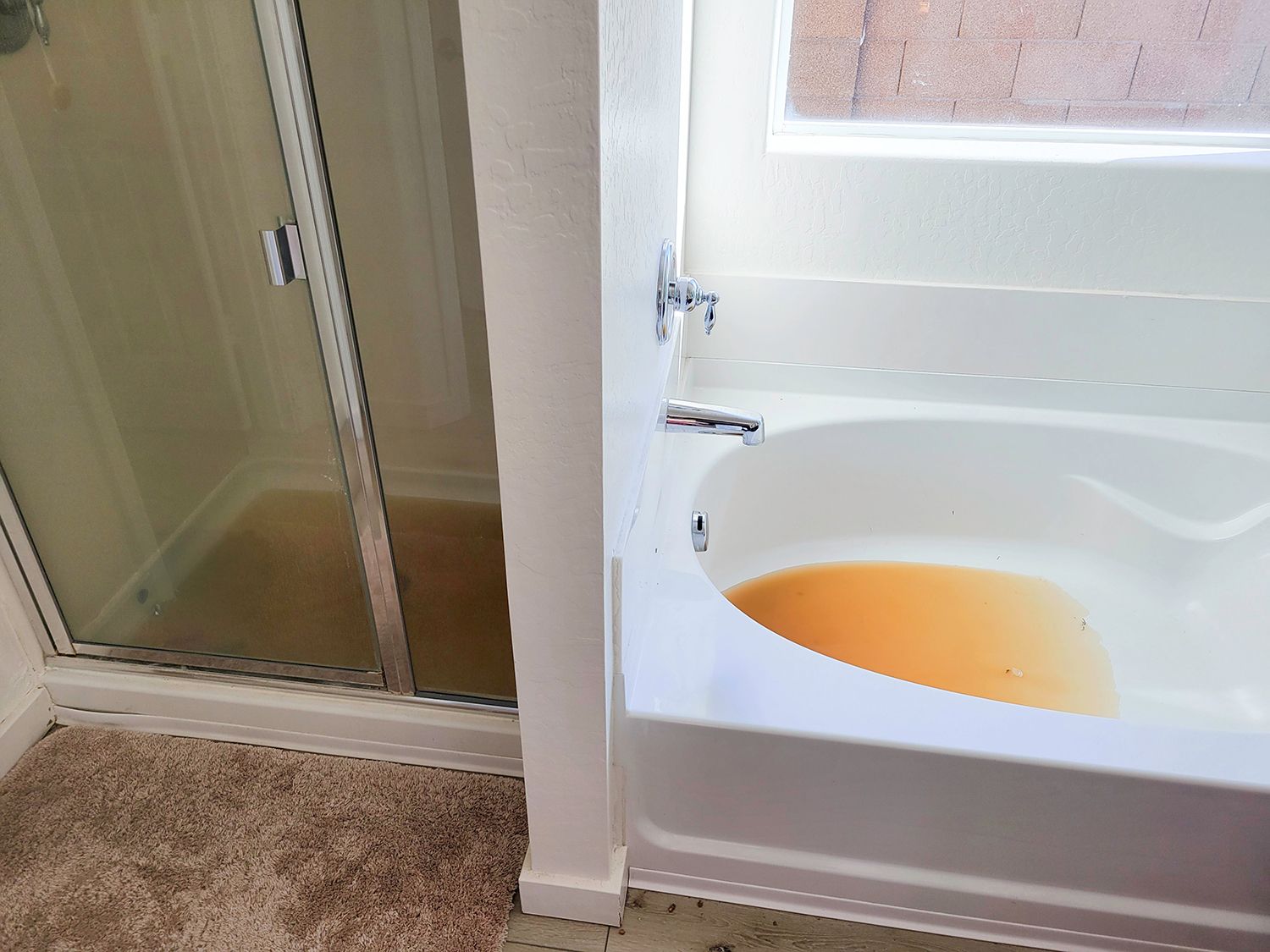 Bathtub filled with murky water beside a shower enclosure, showing signs of a drainage issue.