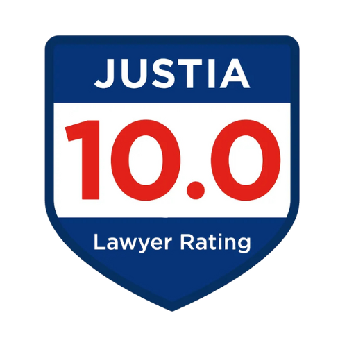 A blue shield with the words justia 10.0 lawyer rating on it