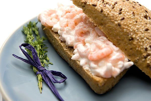 A close up of a prawn mayo sandwich