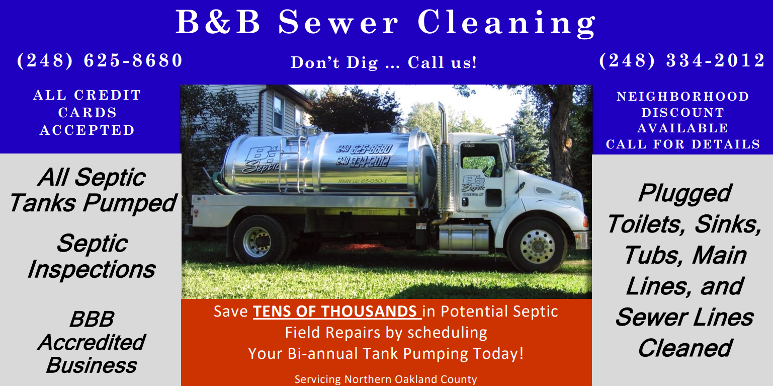 An advertisement for B&B Sewer Cleaning shows a truck An advertisement for B&B Sewer Cleaning shows a truck