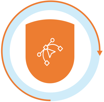 An orange shield with an arrow pointing to the right in a circle.