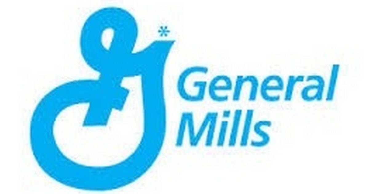 A blue general mills logo on a white background