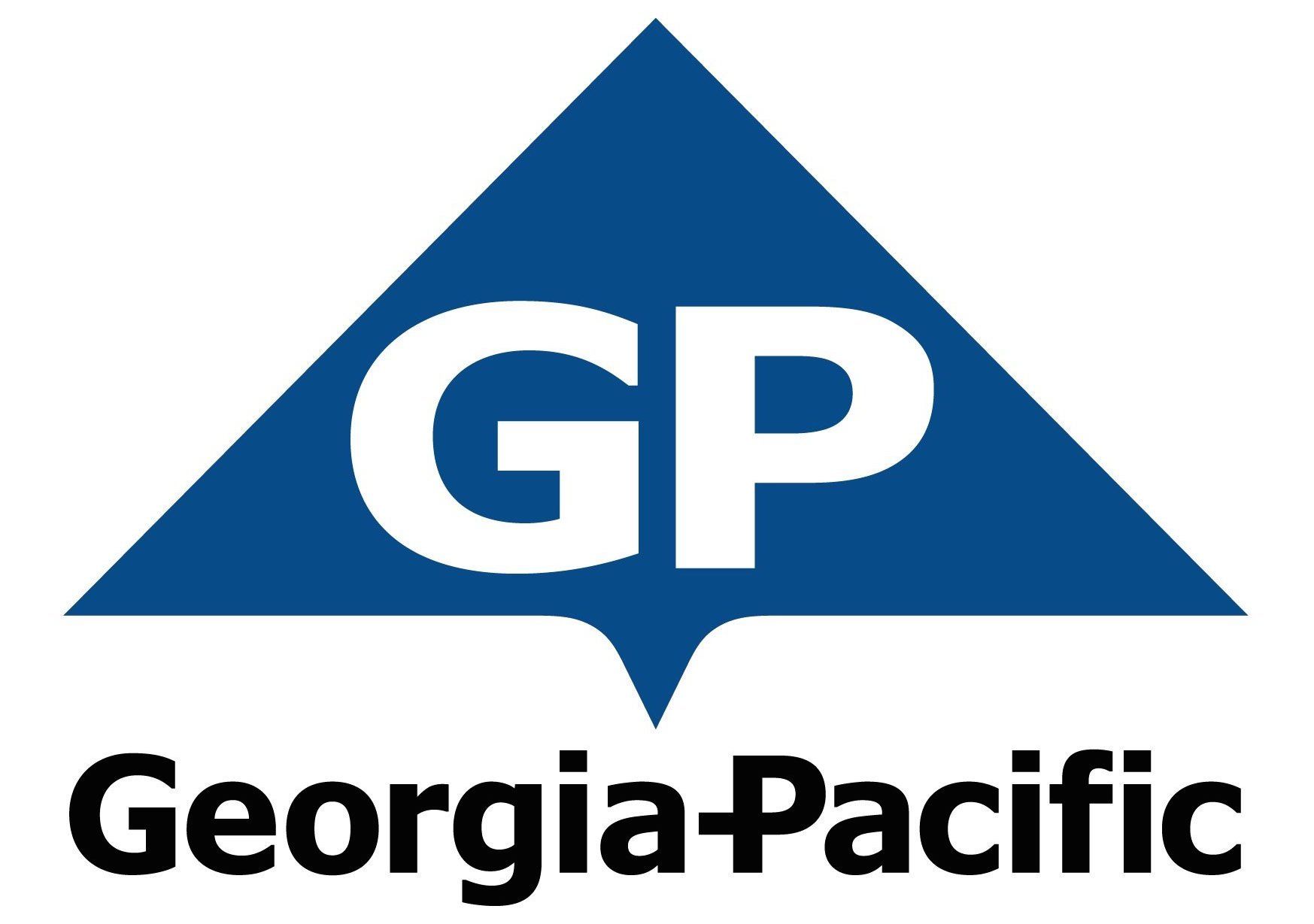 The logo for georgia pacific is a blue triangle with the word gp on it.