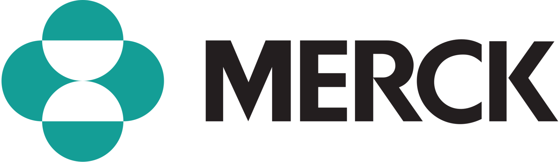 The merck logo has a green circle and the word merck in black letters.