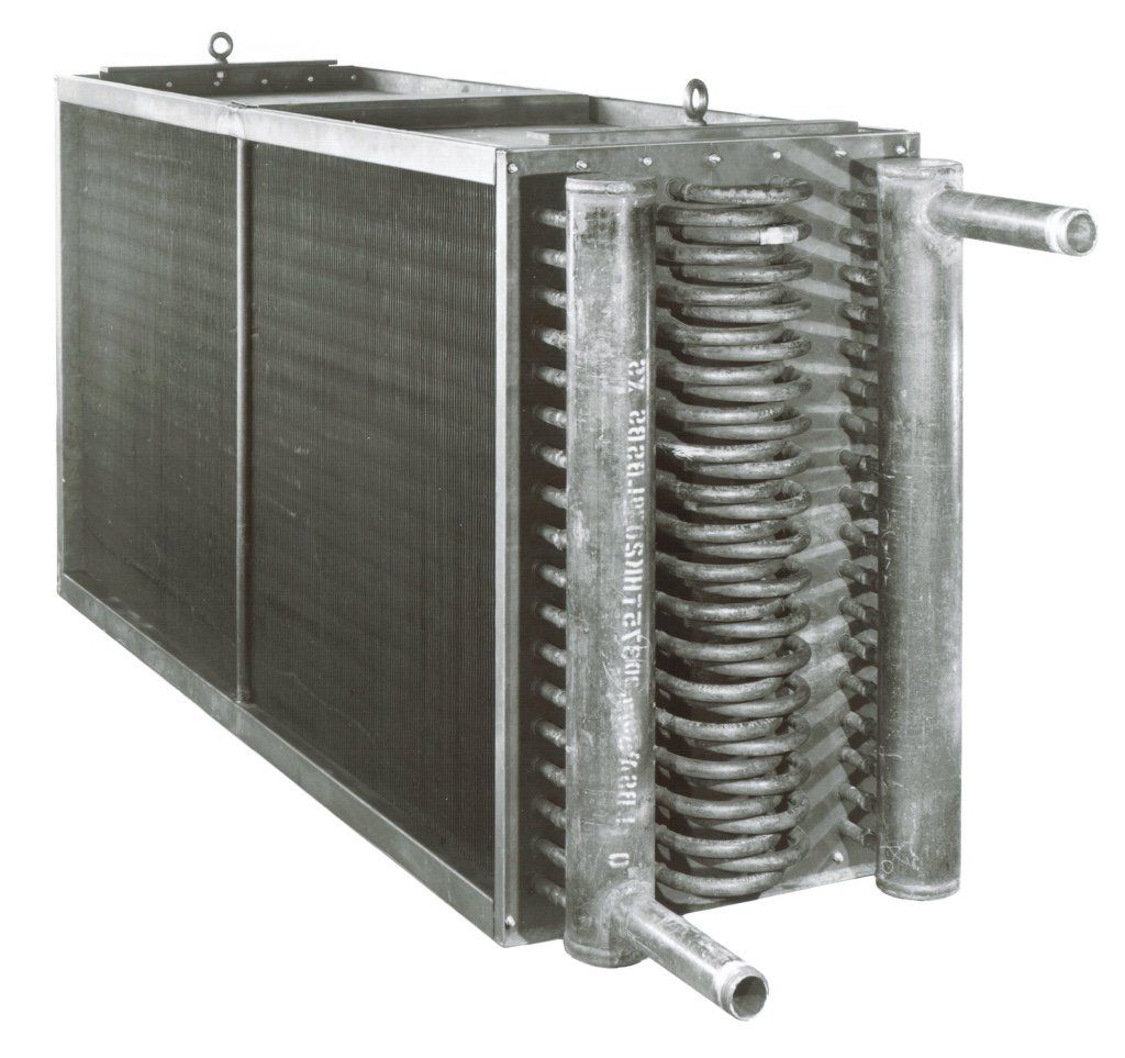 A black and white photo of an air conditioner coil