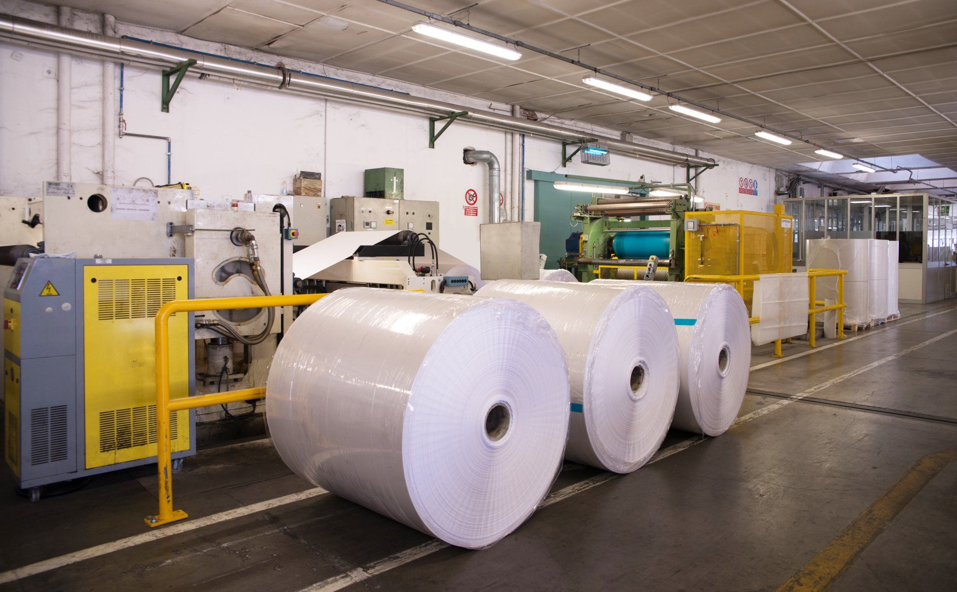 Three rolls of paper are sitting on a conveyor belt in a factory.