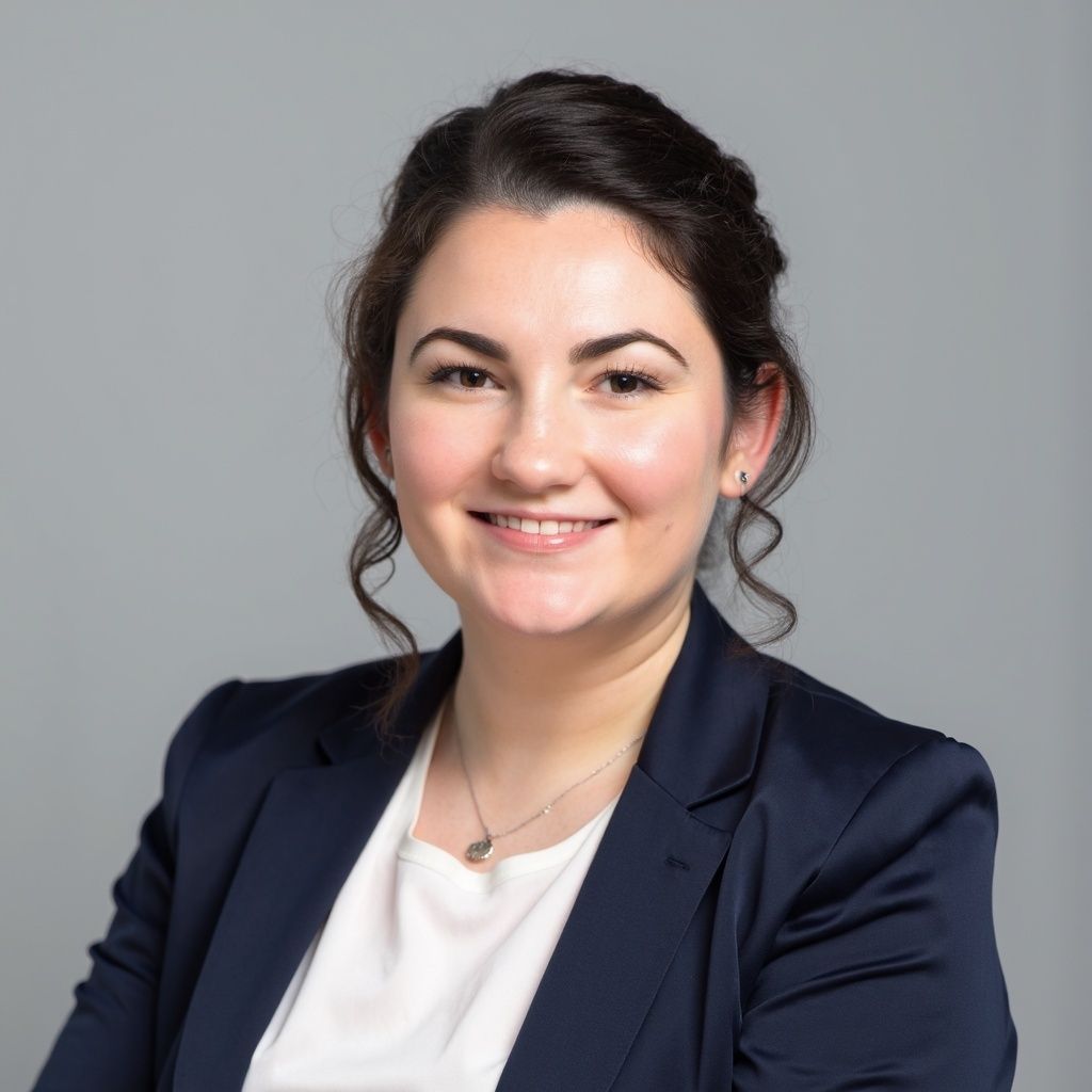 Woman smiling, wearing a navy blazer over a white top. Light gray background.