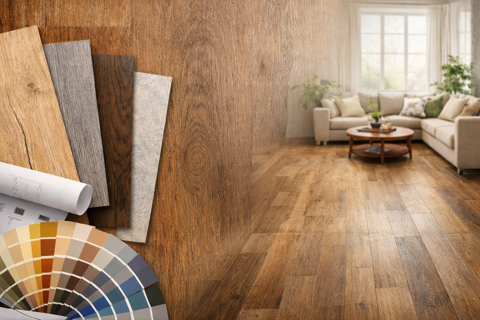 Flooring samples and color palette overlaying a hardwood floor and living room scene.