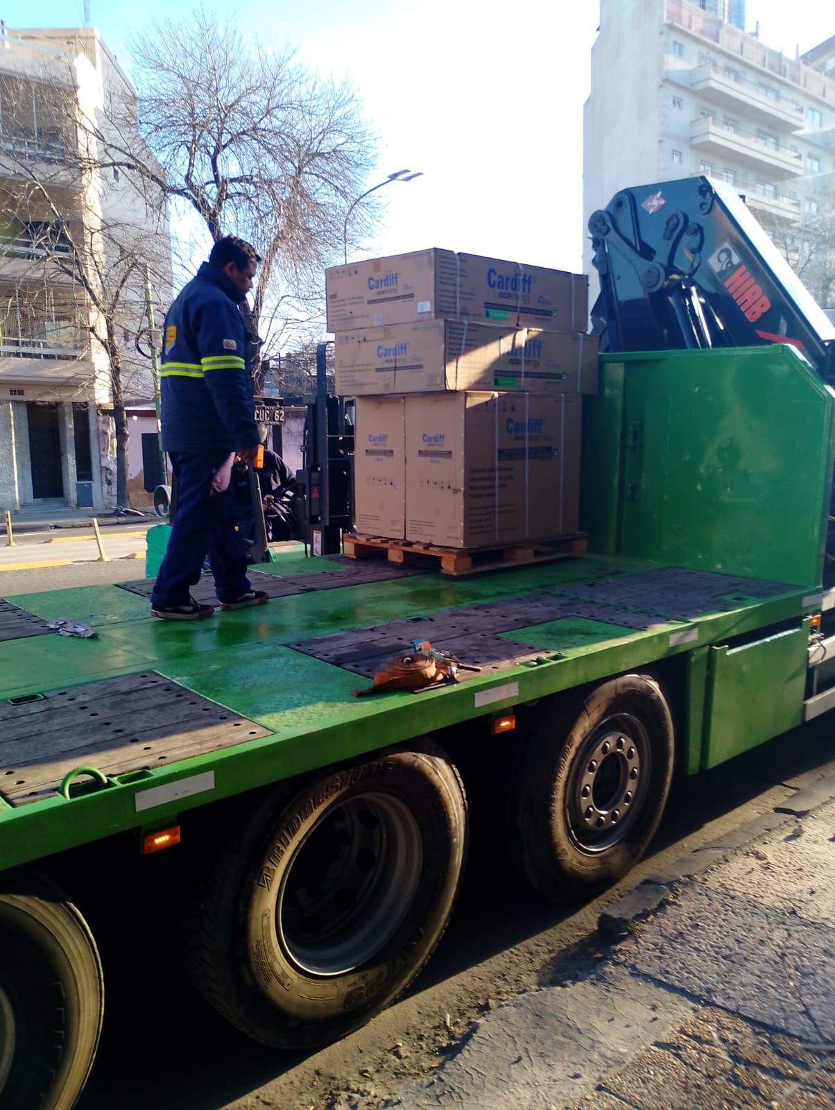 Trabajador en un camión de plataforma con cajas sobre un palé. Brazo de grúa visible.