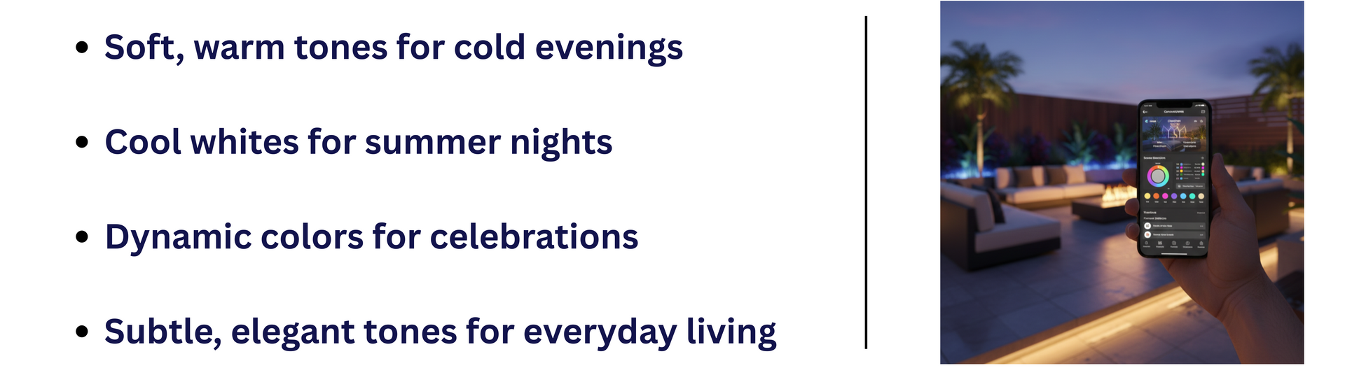 Bullet list of RGB lighting scene options beside a smartphone adjusting colorful patio lighting in the evening.