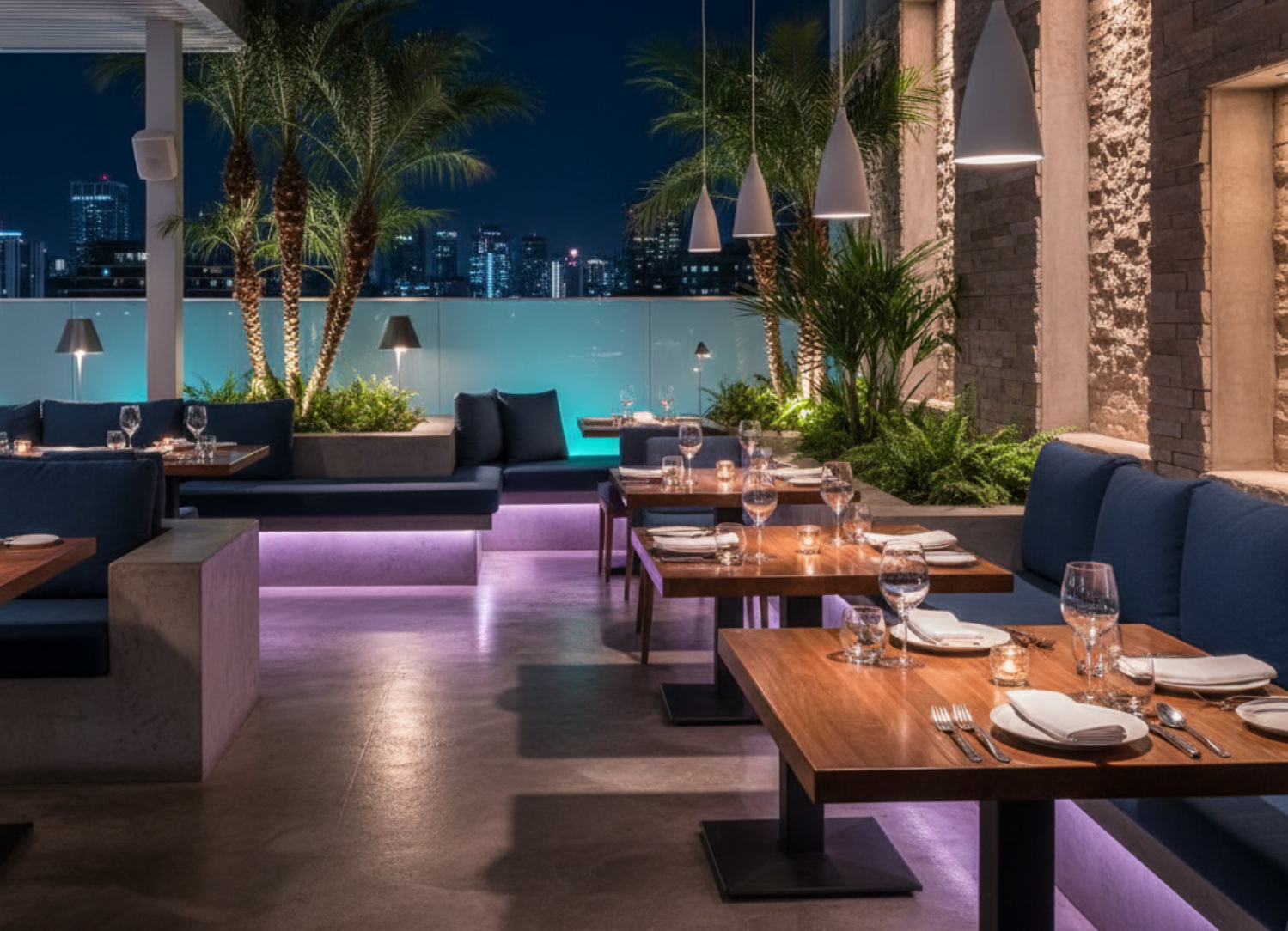 Upscale outdoor restaurant terrace illuminated with RGB accent lighting, showcasing how commercial spaces use modern lighting to enhance ambiance and attract customers at night.