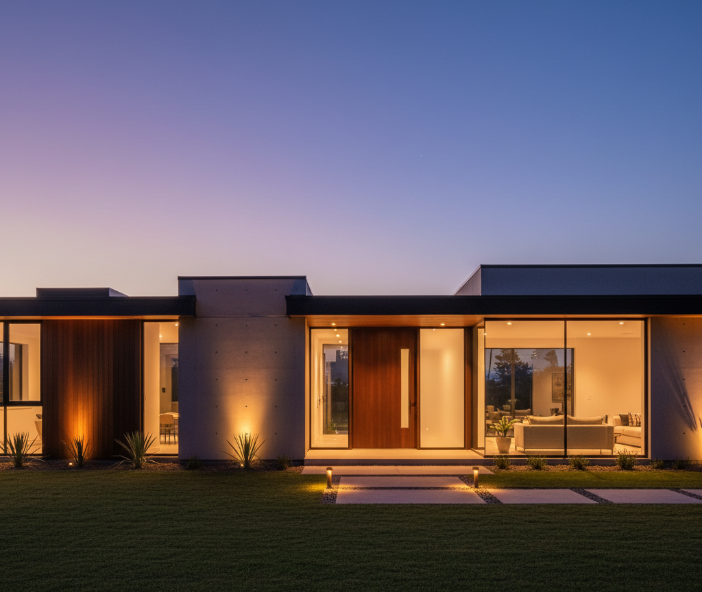 Modern home exterior at dusk with elegant outdoor lighting enhancing curb appeal and safety.