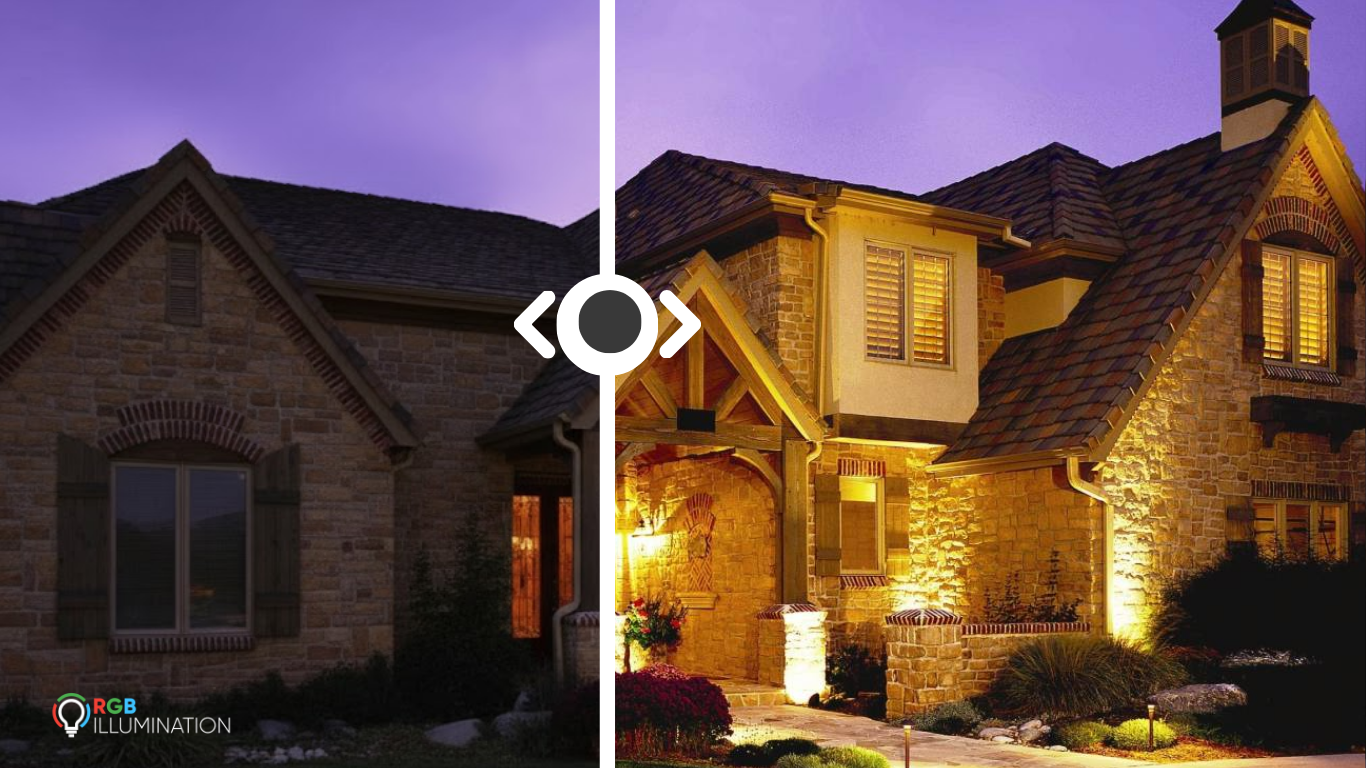 Before and after showing enhanced curb appeal with professional outdoor lighting.