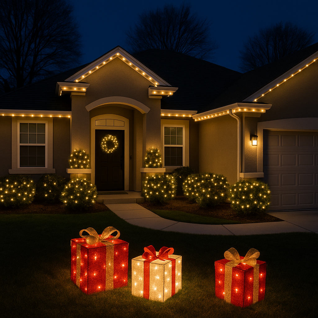 House decorated for Christmas with lit presents on lawn.
