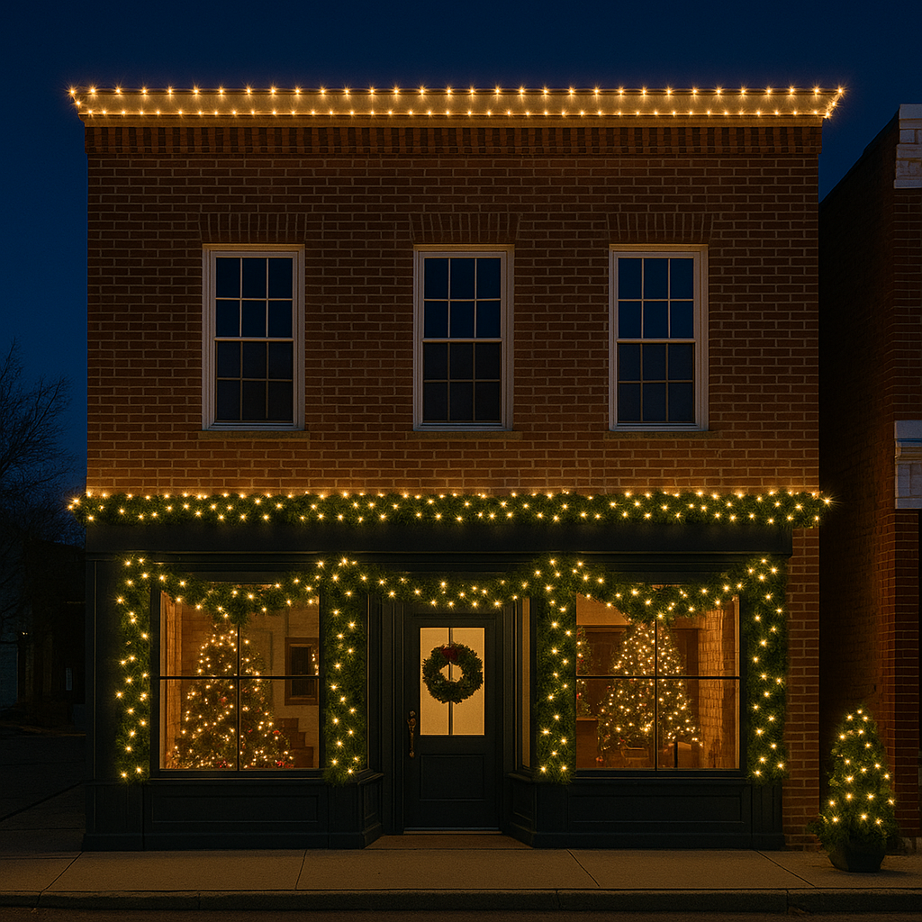 A brick building decorated with Christmas lights and garlands, night setting.