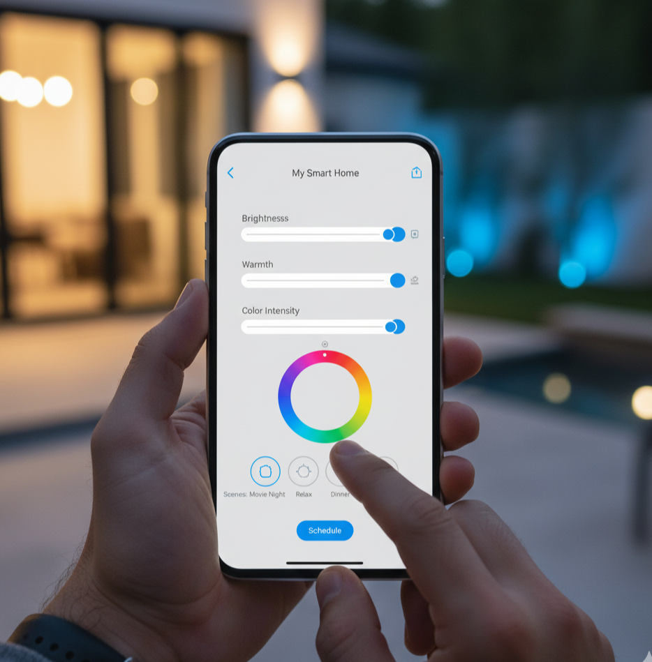 Person using smartphone lighting control app to adjust outdoor ambiance remotely.