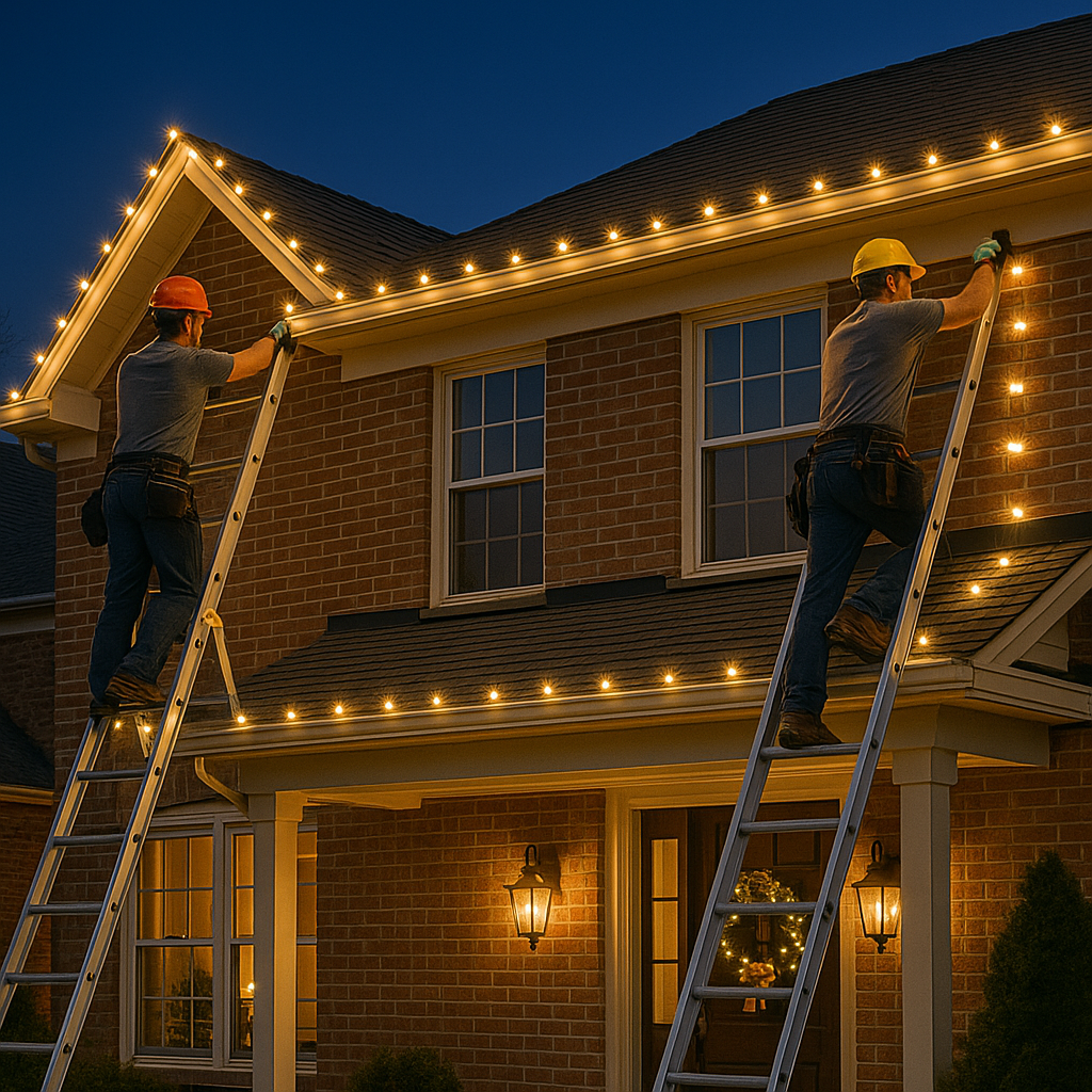 Two people on ladders install Christmas lights on a brick house at dusk.