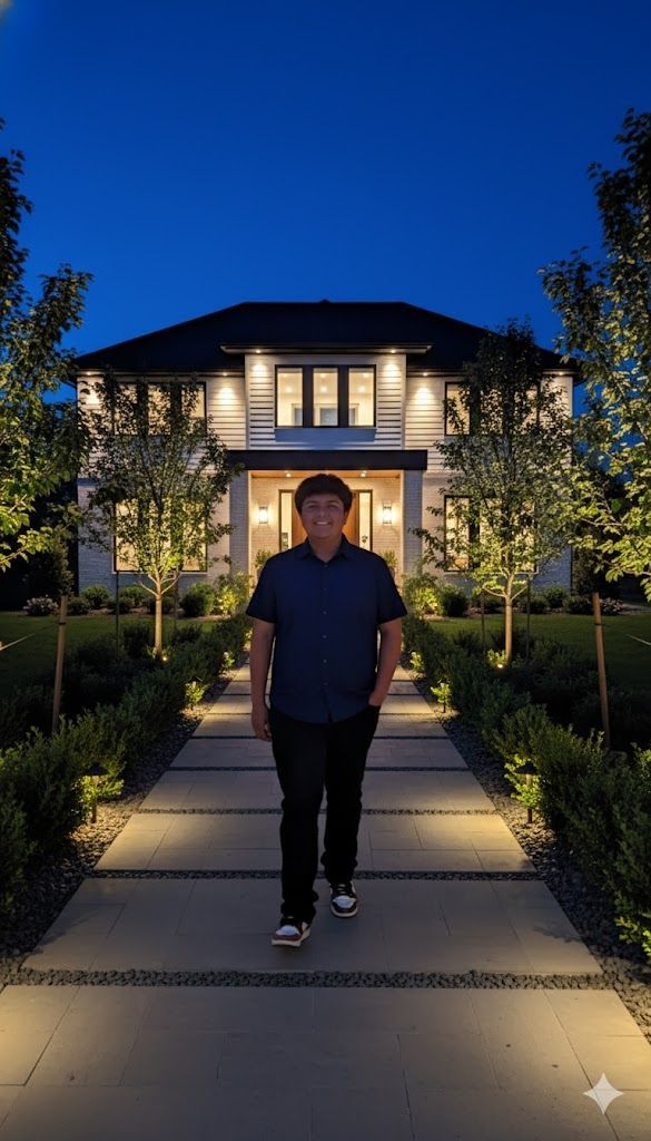 Man walking towards a lit-up house at night on a pathway.