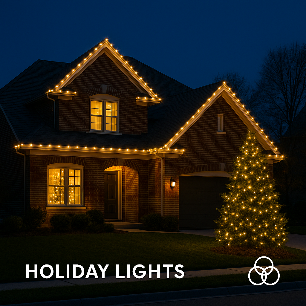 House lit with yellow holiday lights; a lit Christmas tree is in the yard.