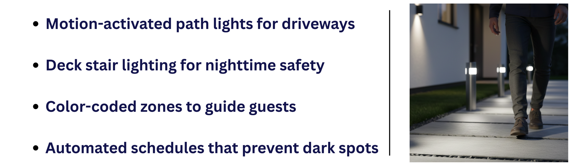 Composite image showing a list of smart outdoor security lighting features next to a nighttime photo of motion-activated pathway lights turning on as a person walks toward a home.