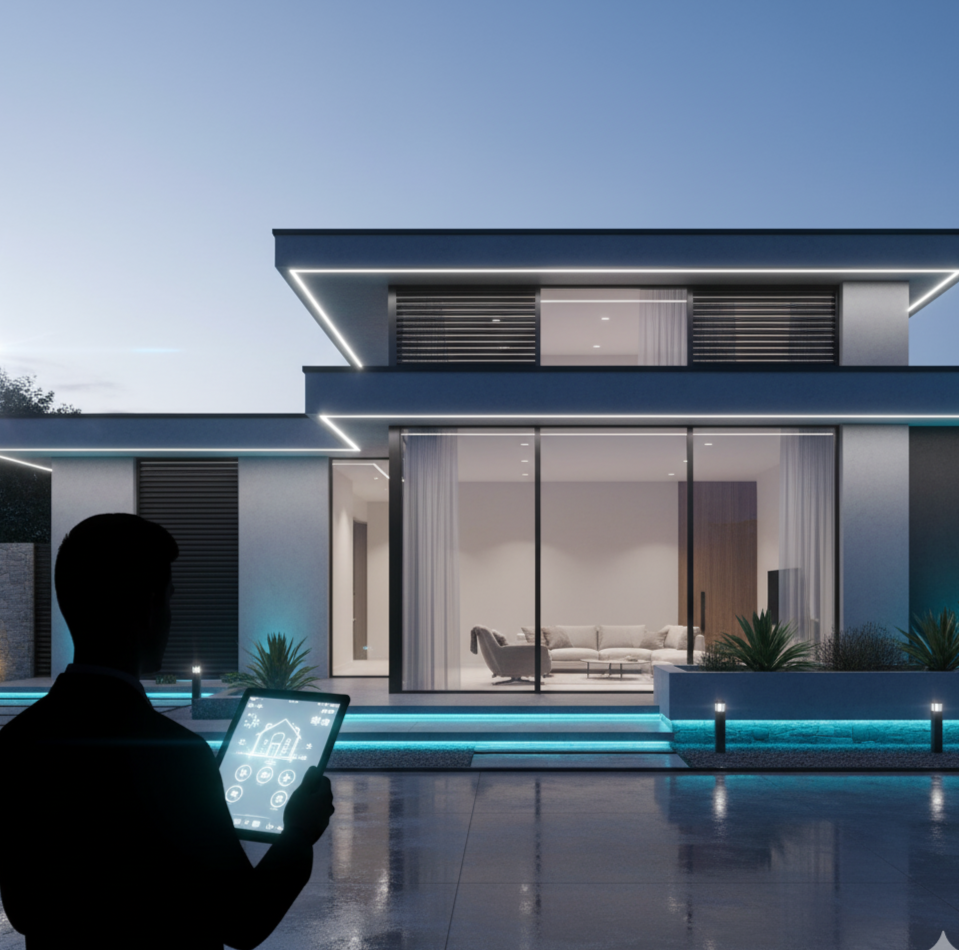 OMNI Smart Outdoor Lighting system illuminating a modern home exterior at dusk, controlled remotely