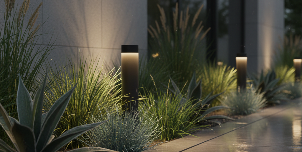 Low-voltage LED outdoor lights illuminating agave and ornamental grasses along a modern walkway, showcasing energy-efficient, sustainable landscape lighting design.