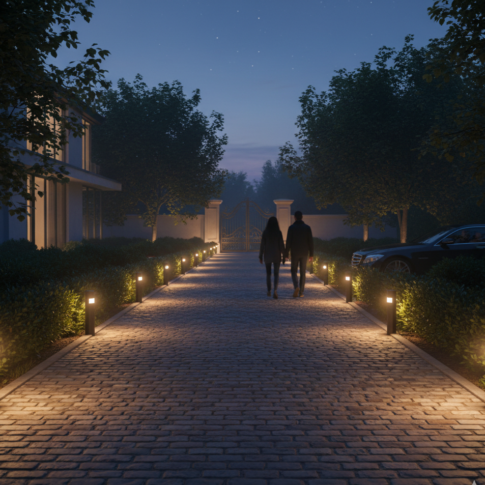 Pathway lighting providing safe and stylish evening walkway illumination.