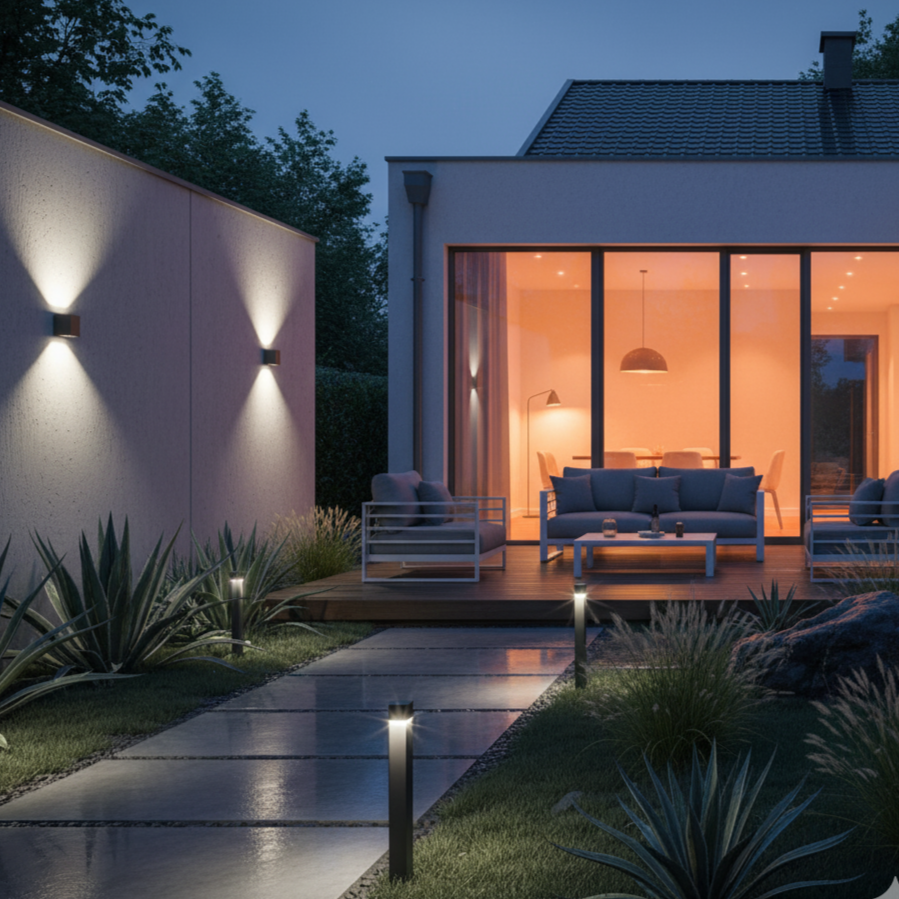 Smart outdoor lighting creating elegant pathway and patio ambiance at dusk.