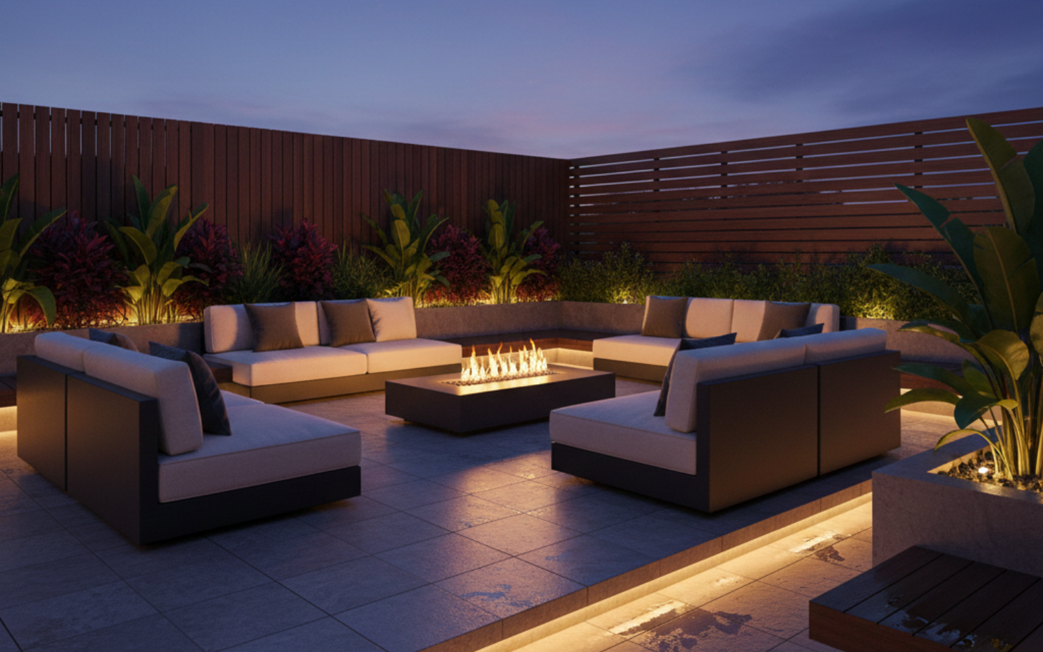 RGB lighting adds warmth and ambiance to a modern patio, creating a cozy year-round outdoor retreat.