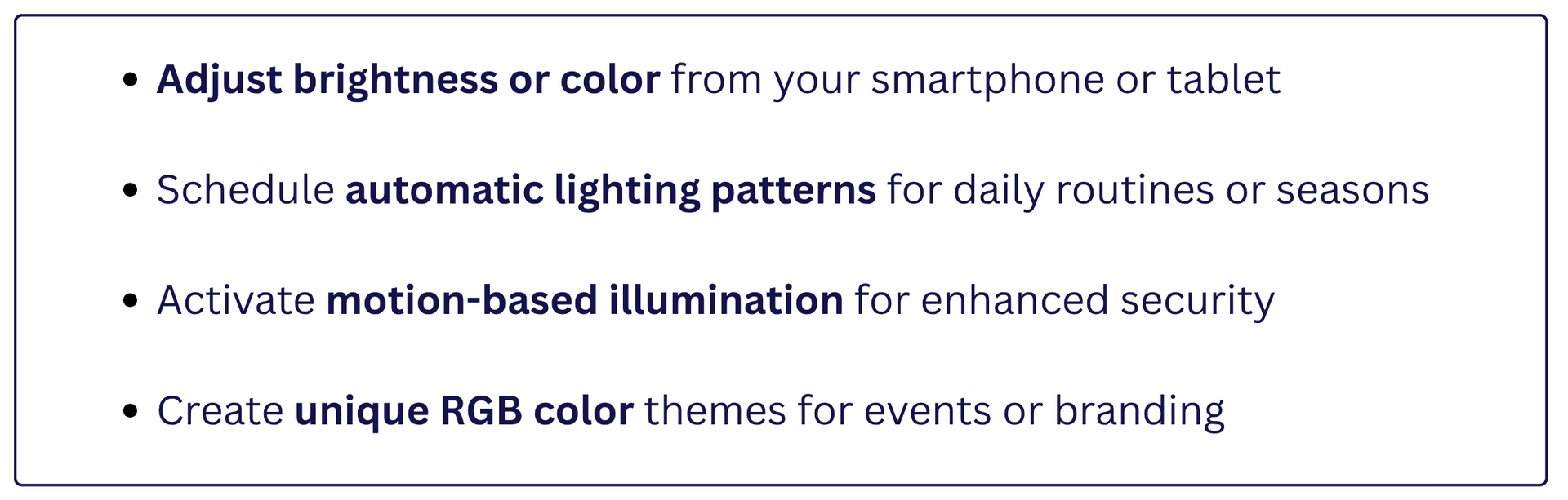 Graphic listing smart lighting automation features: brightness, scheduling, motion, and RGB color control.
