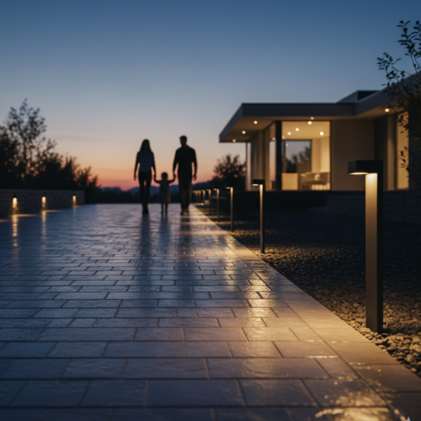 Smart outdoor lighting along pathway enhancing home safety and security at dusk.