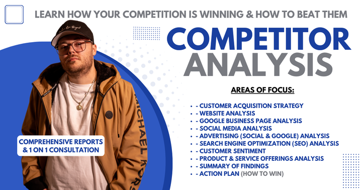 A man is standing in front of a competitor analysis poster.