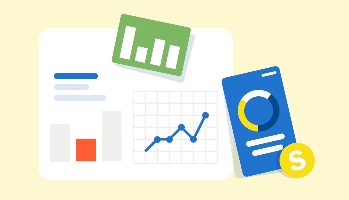A cartoon illustration of a graph , a calculator , and a dollar sign.
