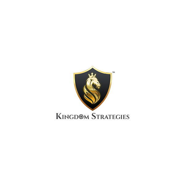 the logo for kingdom strategies is a shield with a horse on it .