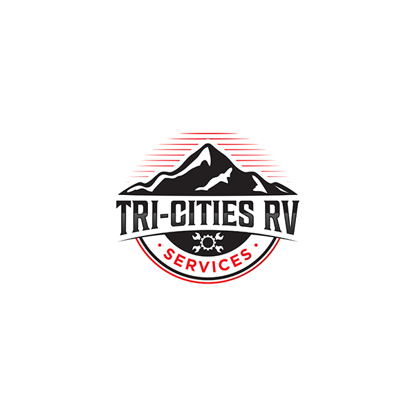 a logo for tri-cities rv services with a mountain in the background .