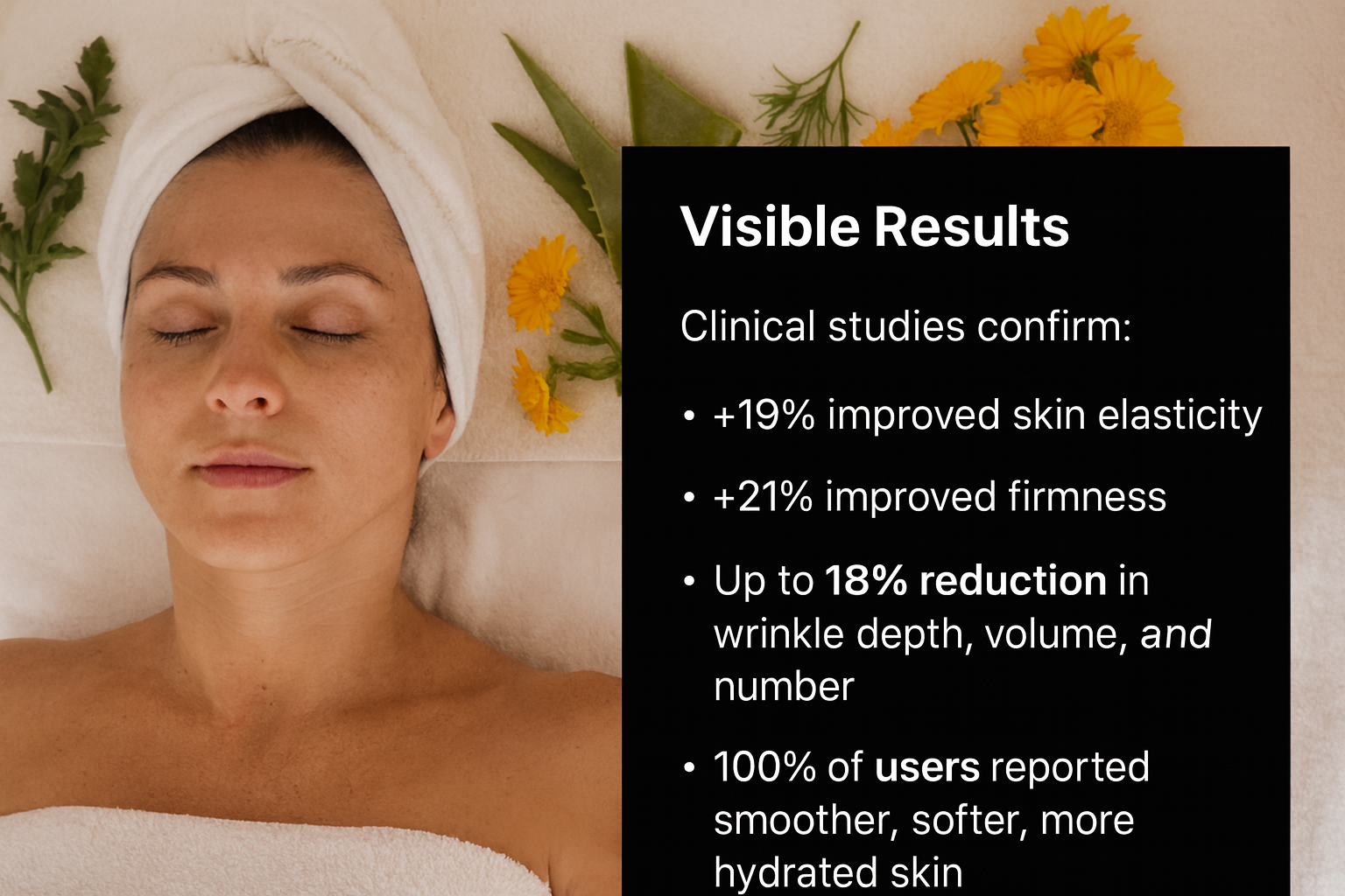 Woman with towel, promoting skincare benefits: improved elasticity, firmness, reduced wrinkles, and hydrated skin.